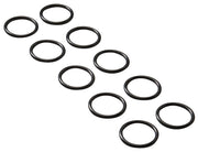 Multiple black rubber O-rings arranged on white background.