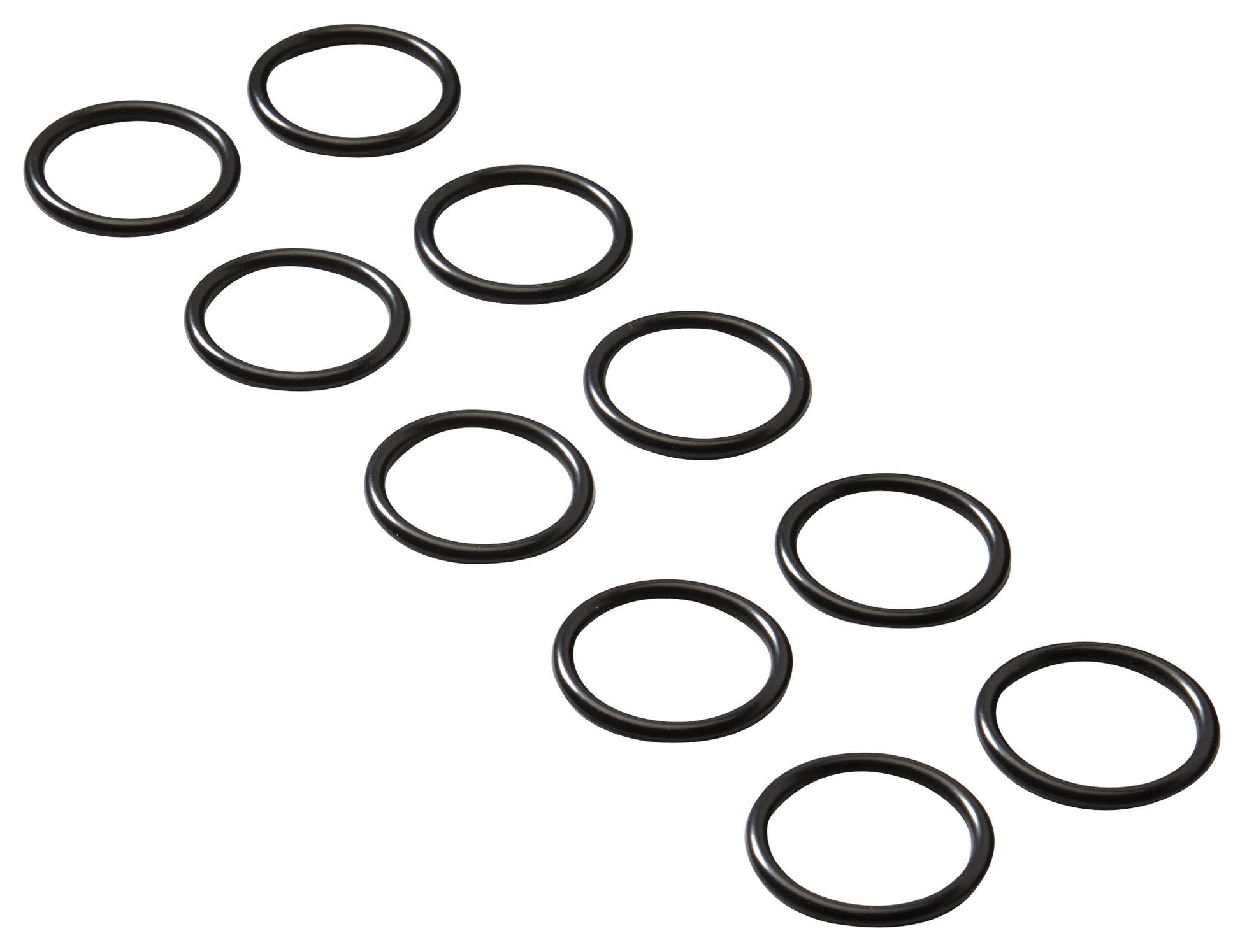 Multiple black rubber O-rings arranged on white background.