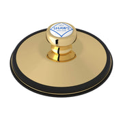 Unlacquered brass garbage disposal stopper with black rubber rim and Shaws England branded knob.