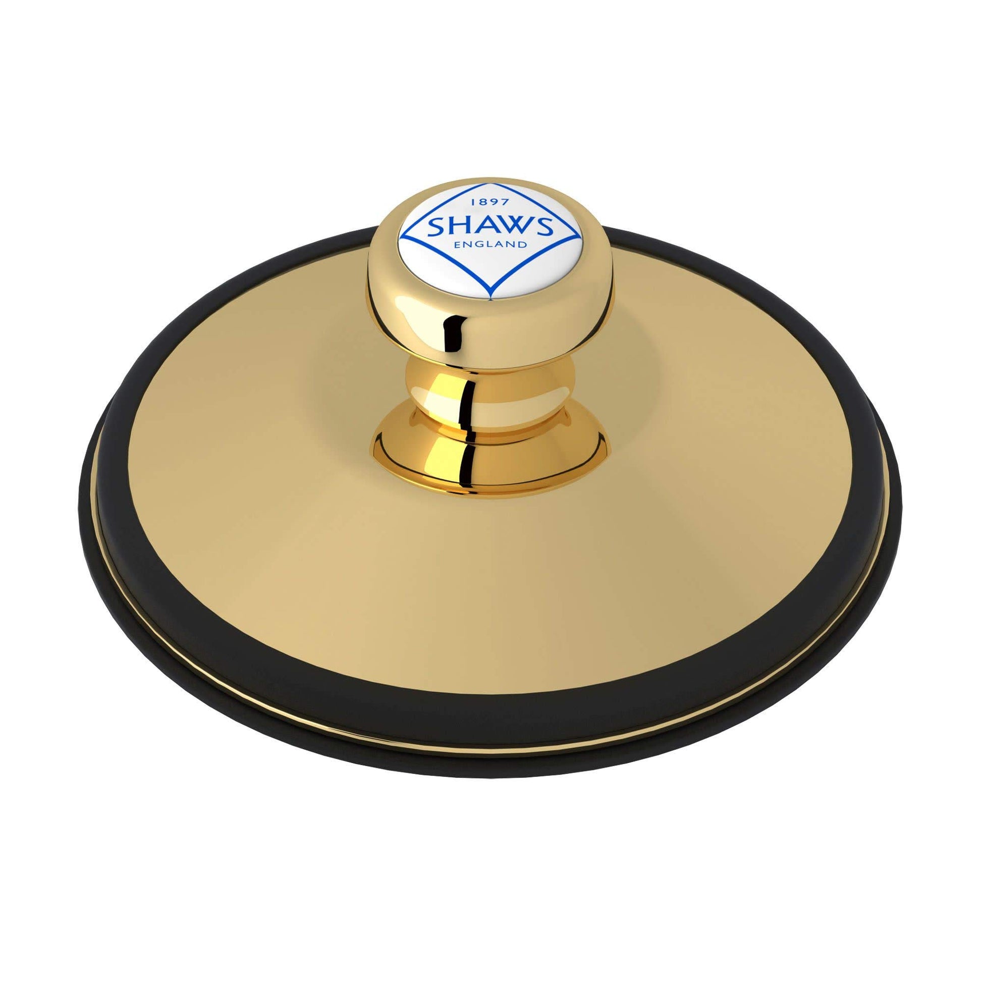 Unlacquered brass garbage disposal stopper with black rubber rim and Shaws England branded knob.