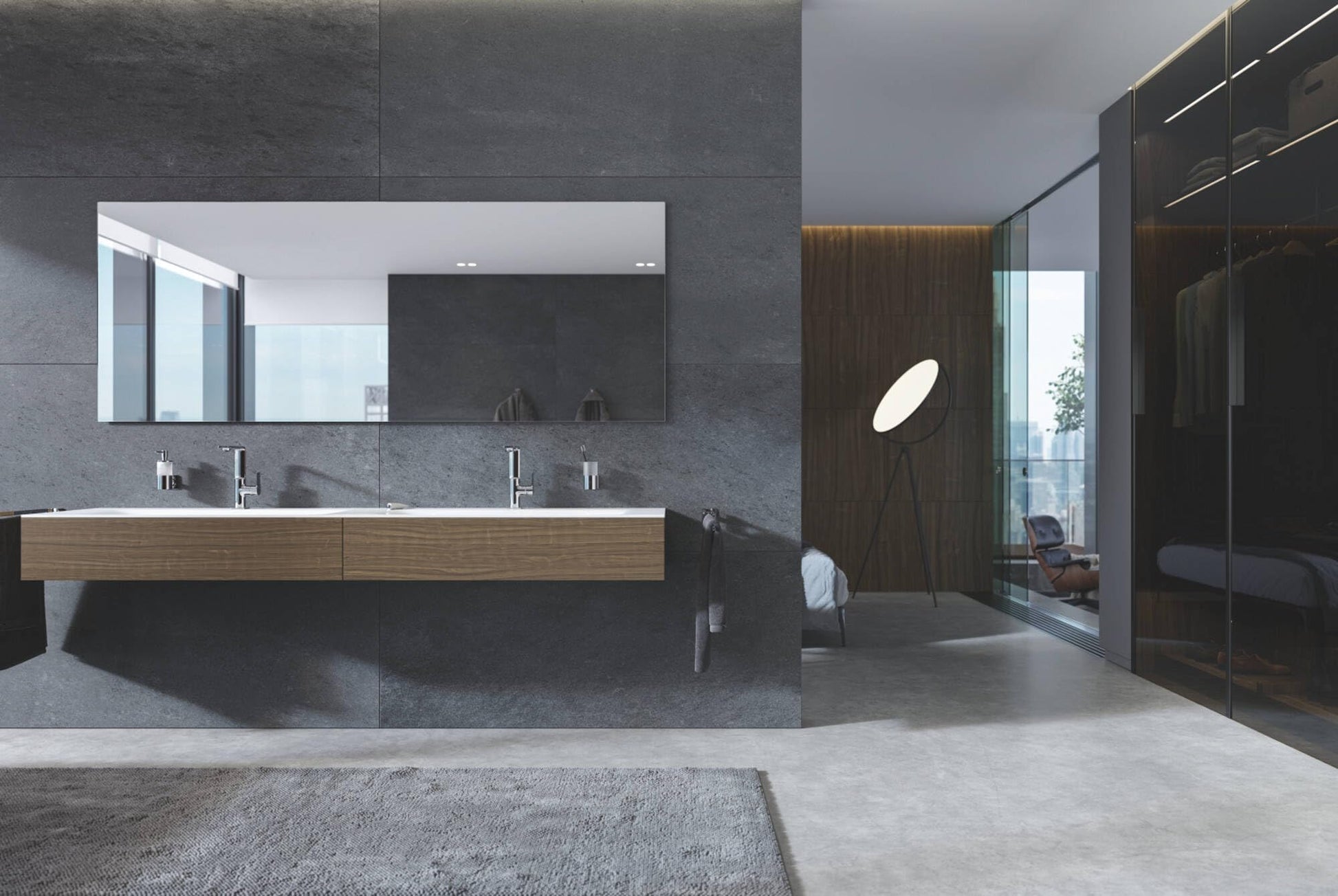 Chrome soap dispenser mounted on bathroom wall above wooden vanity counter.