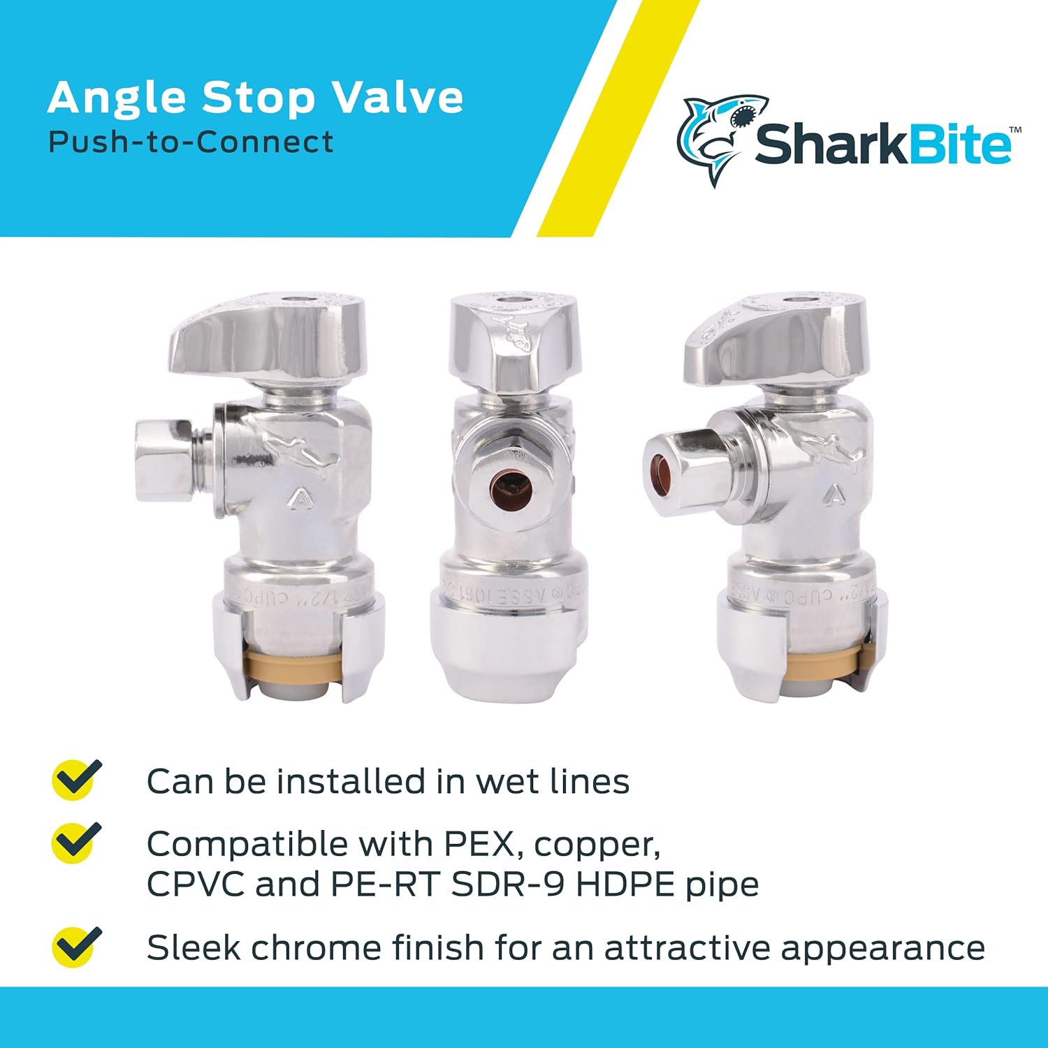 Brass compression angle stop valve with quarter-turn handle shown from three angles, featuring push-to-connect fittings and c