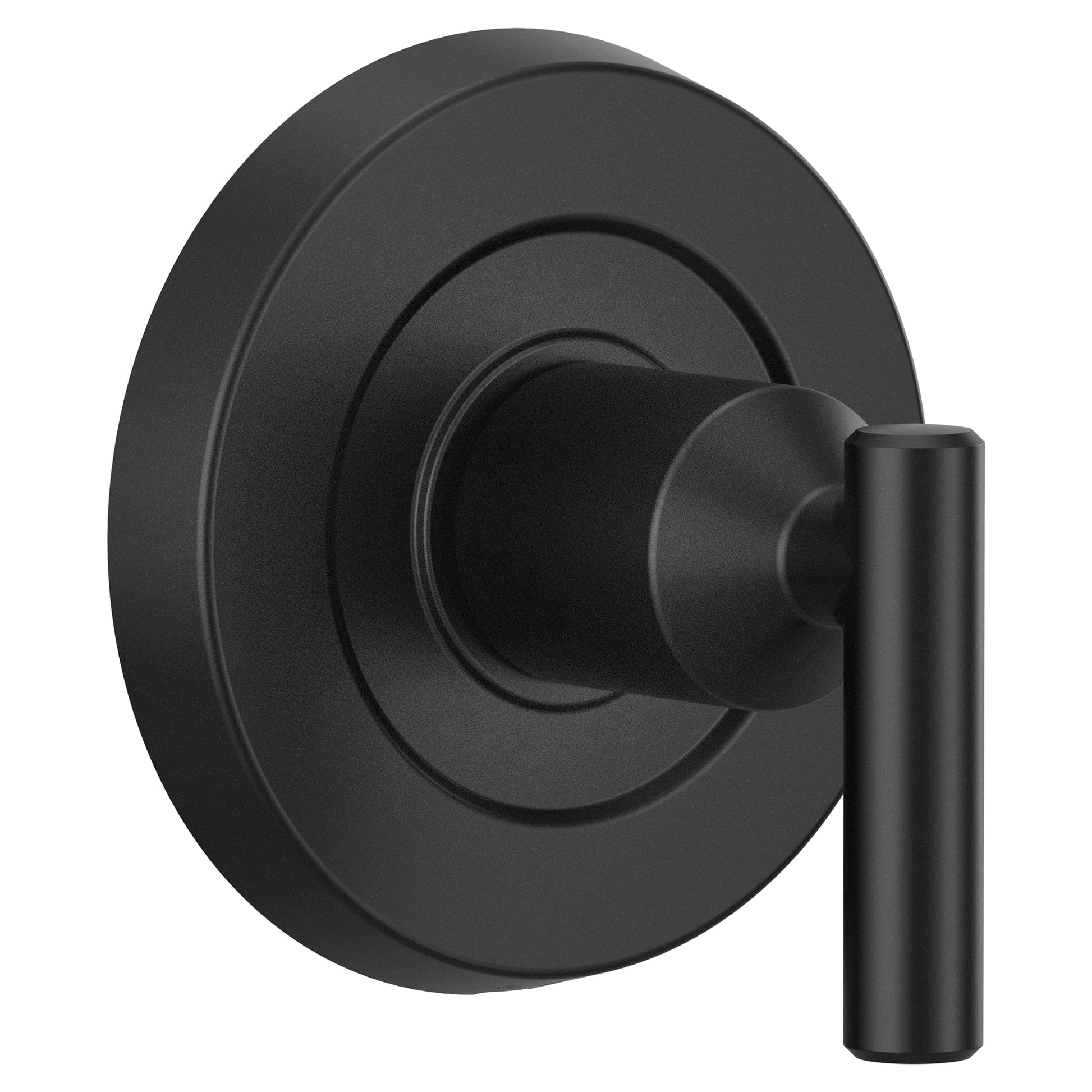 Matte black single-handle shower valve trim with circular escutcheon plate and cylindrical lever handle.