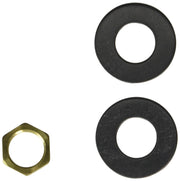 Brass hexagonal nut with two black circular washers.