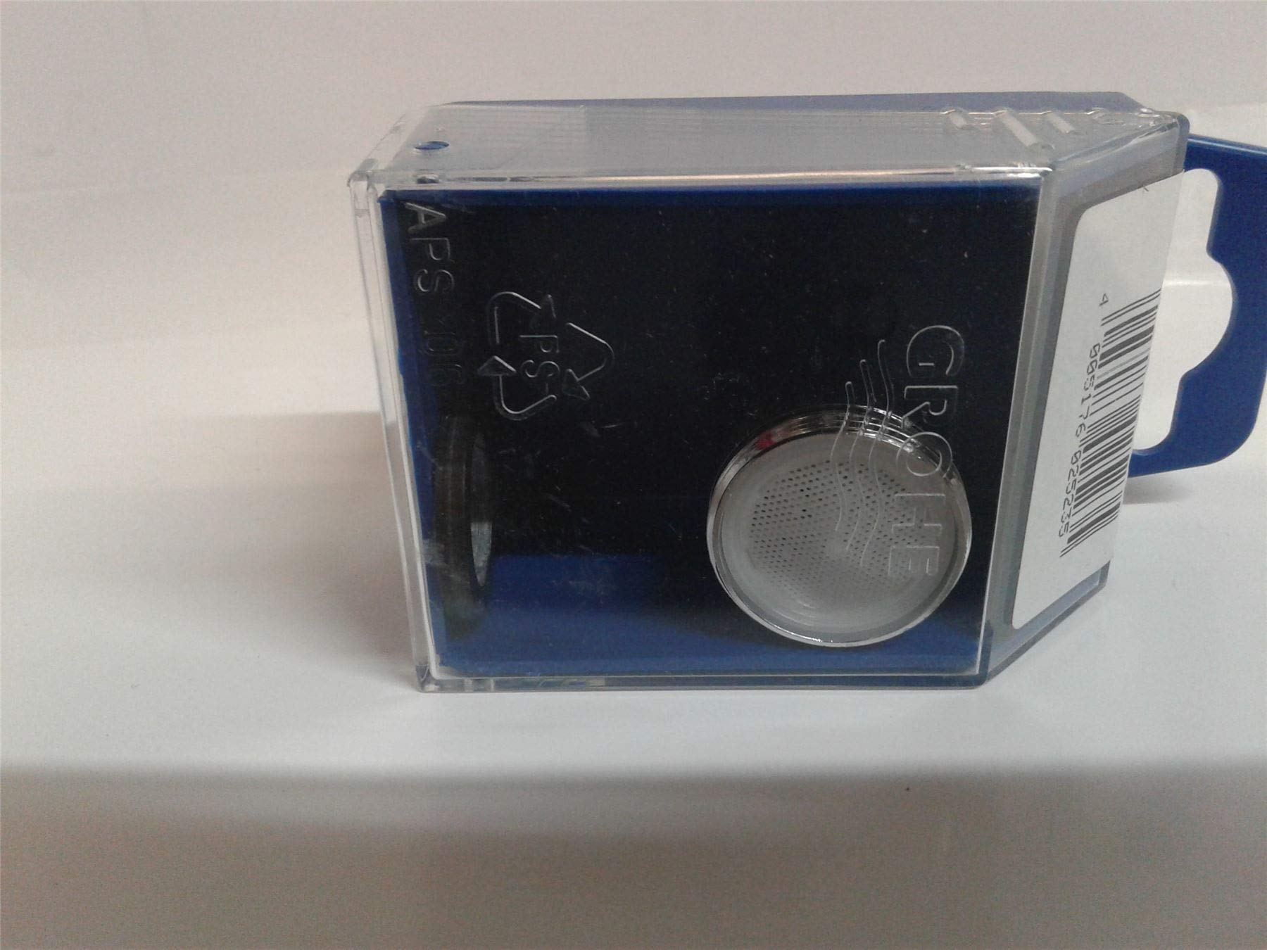 Grohe chrome flow control cartridge in clear plastic packaging with blue backing.