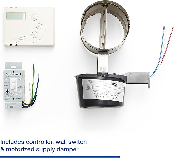 Ventilation kit components: digital controller, wall switch, motorized damper with ductwork connector, and wiring harness.