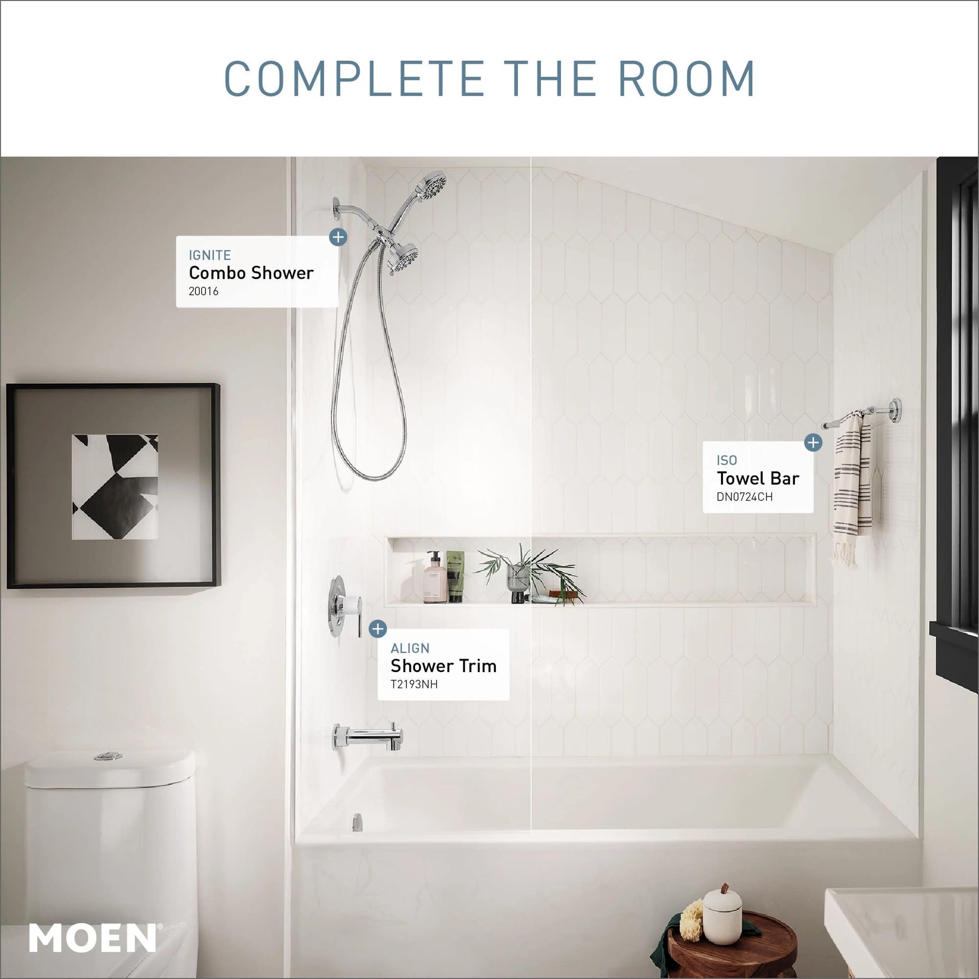Chrome tub and shower trim kit with pressure-balancing valve mounted on white subway tile bathroom wall.