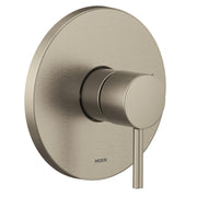 Brushed nickel single-handle shower trim with round escutcheon plate and cylindrical lever handle.