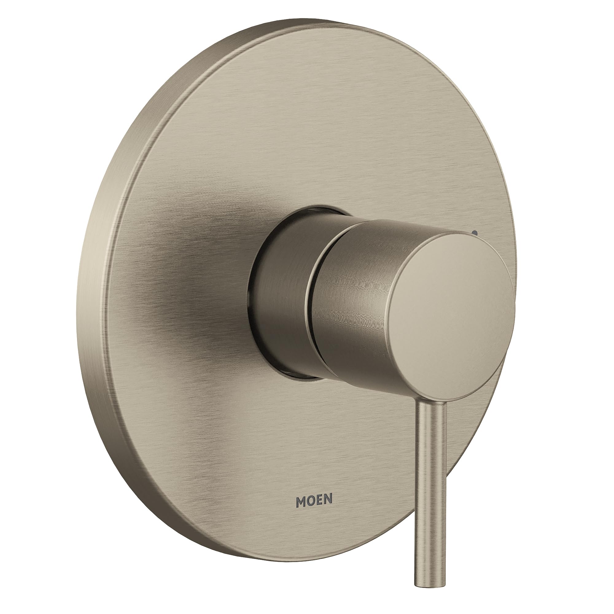 Brushed nickel single-handle shower trim with round escutcheon plate and cylindrical lever handle.