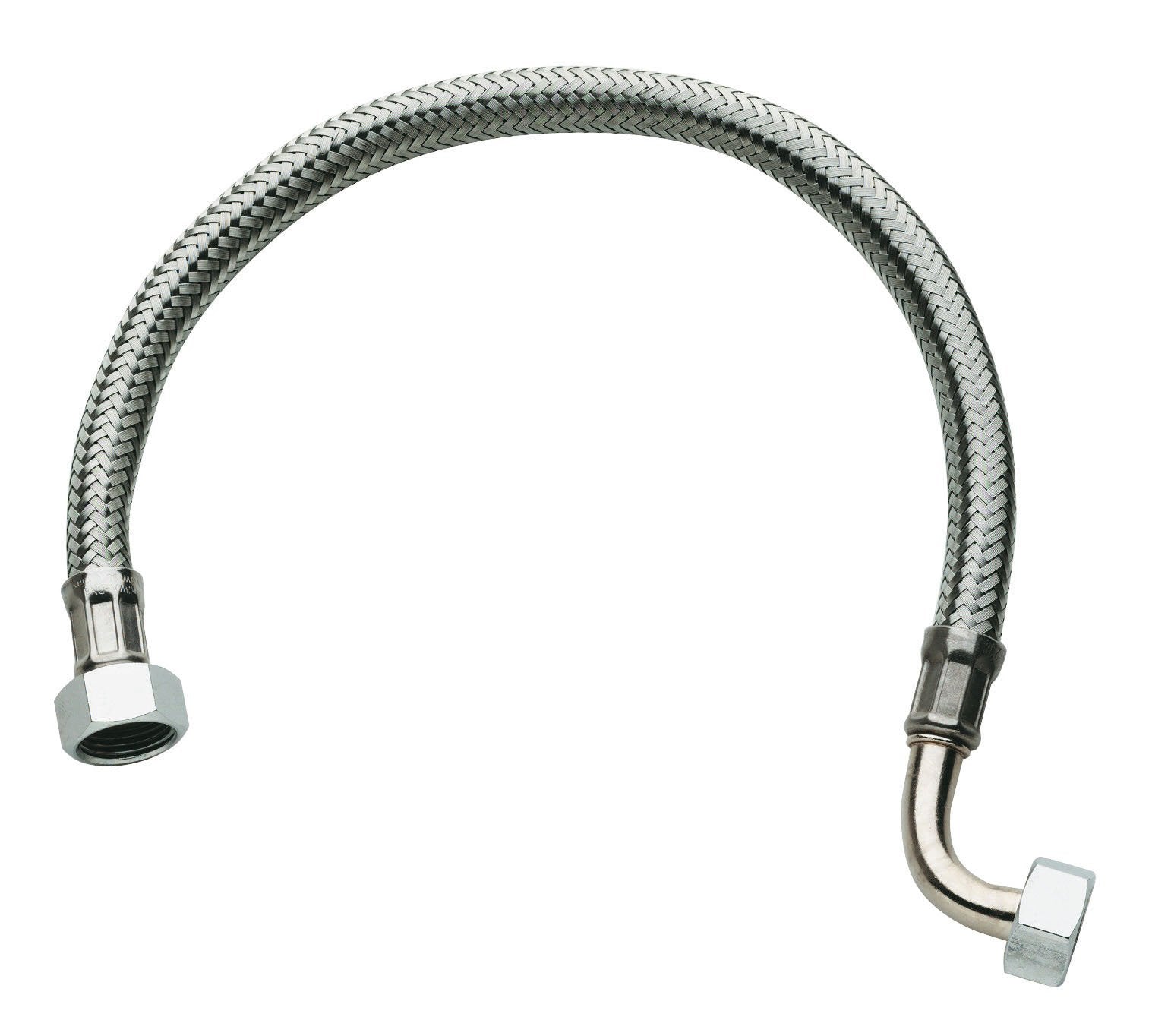 Chrome flexible connection hose with braided stainless steel exterior and angled connector fittings on both ends.