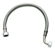 Chrome flexible connection hose with braided stainless steel exterior and angled connector fittings on both ends.
