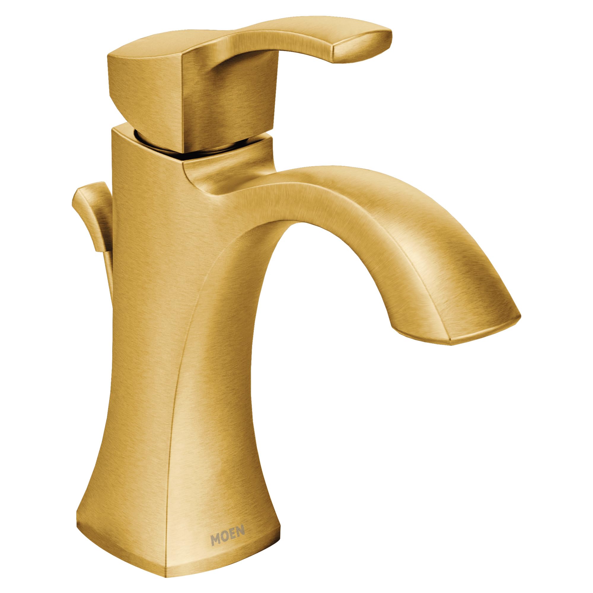 Gold single-handle bathroom faucet with high arc spout and lever handle.
