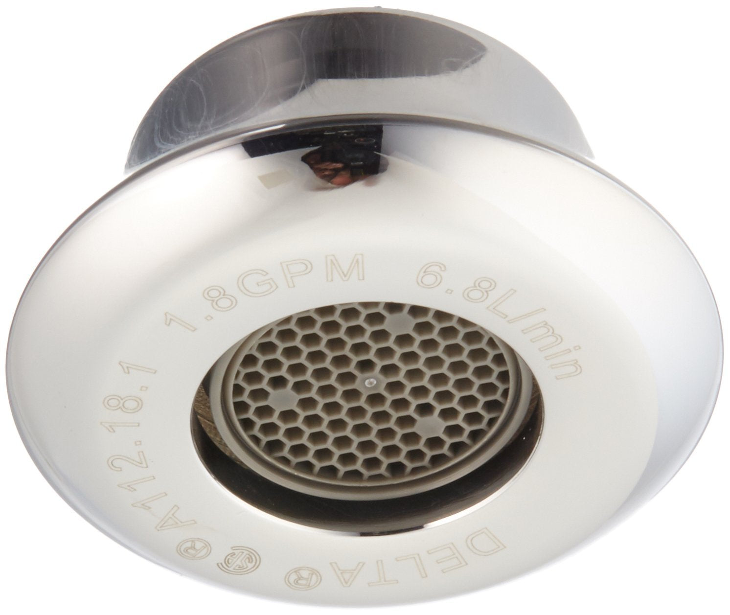 Chrome faucet aerator with perforated metal mesh screen and flow rate markings on white plastic body.