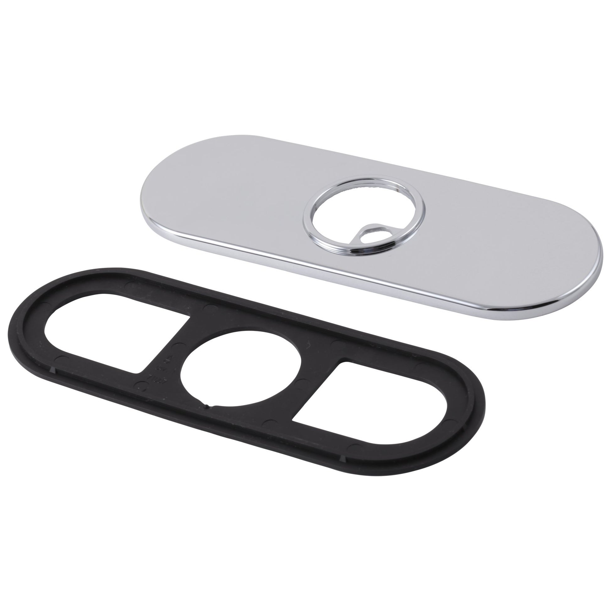 Matte black escutcheon with two oval openings and chrome gasket ring on white background.