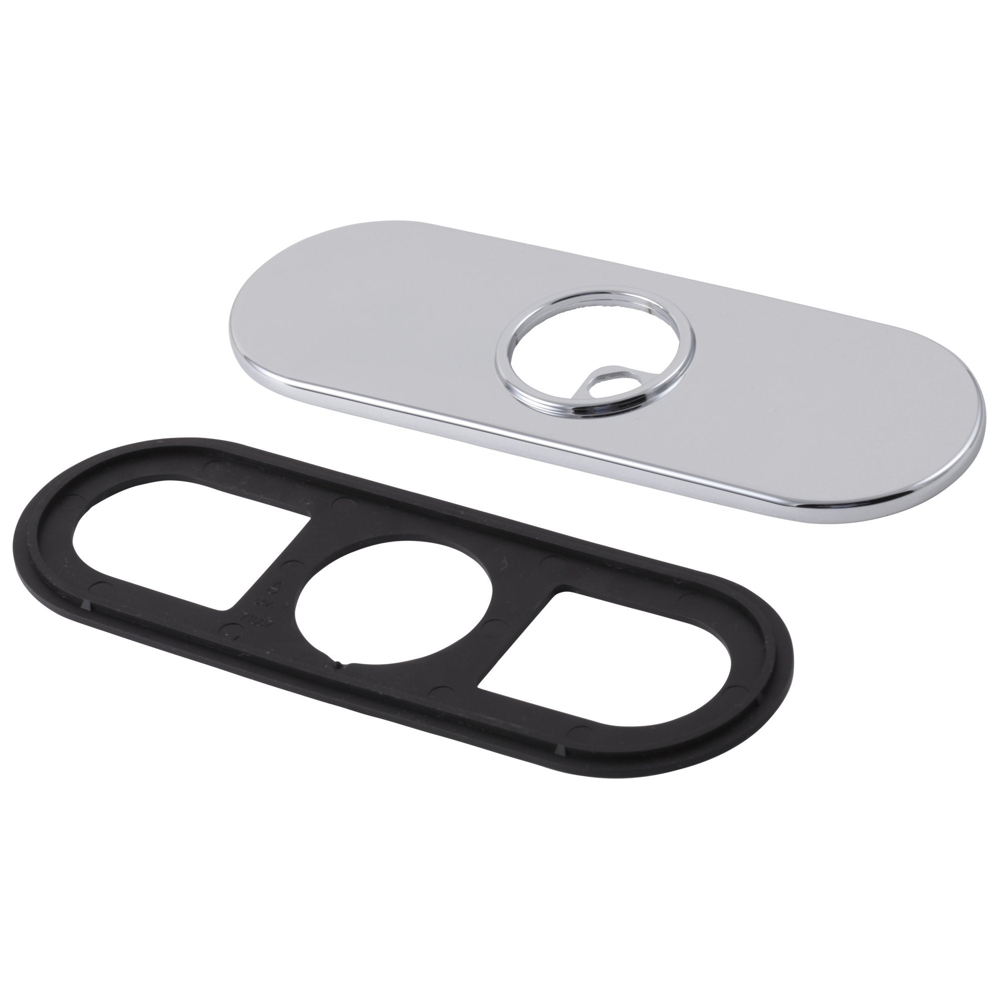 Matte black escutcheon with two oval openings and chrome gasket ring on white background.