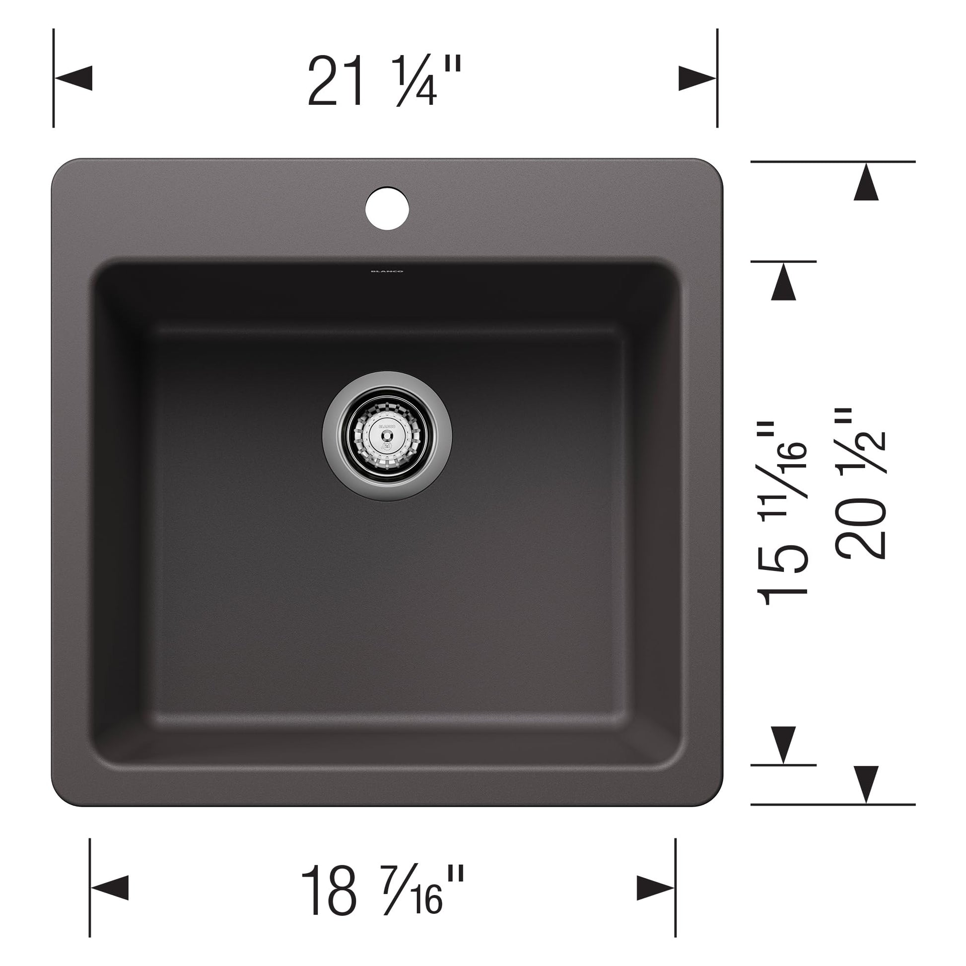 Cinder-colored single bowl sink with rounded corners, drain, and faucet hole; 21 1/4" width x 20 1/2" depth.