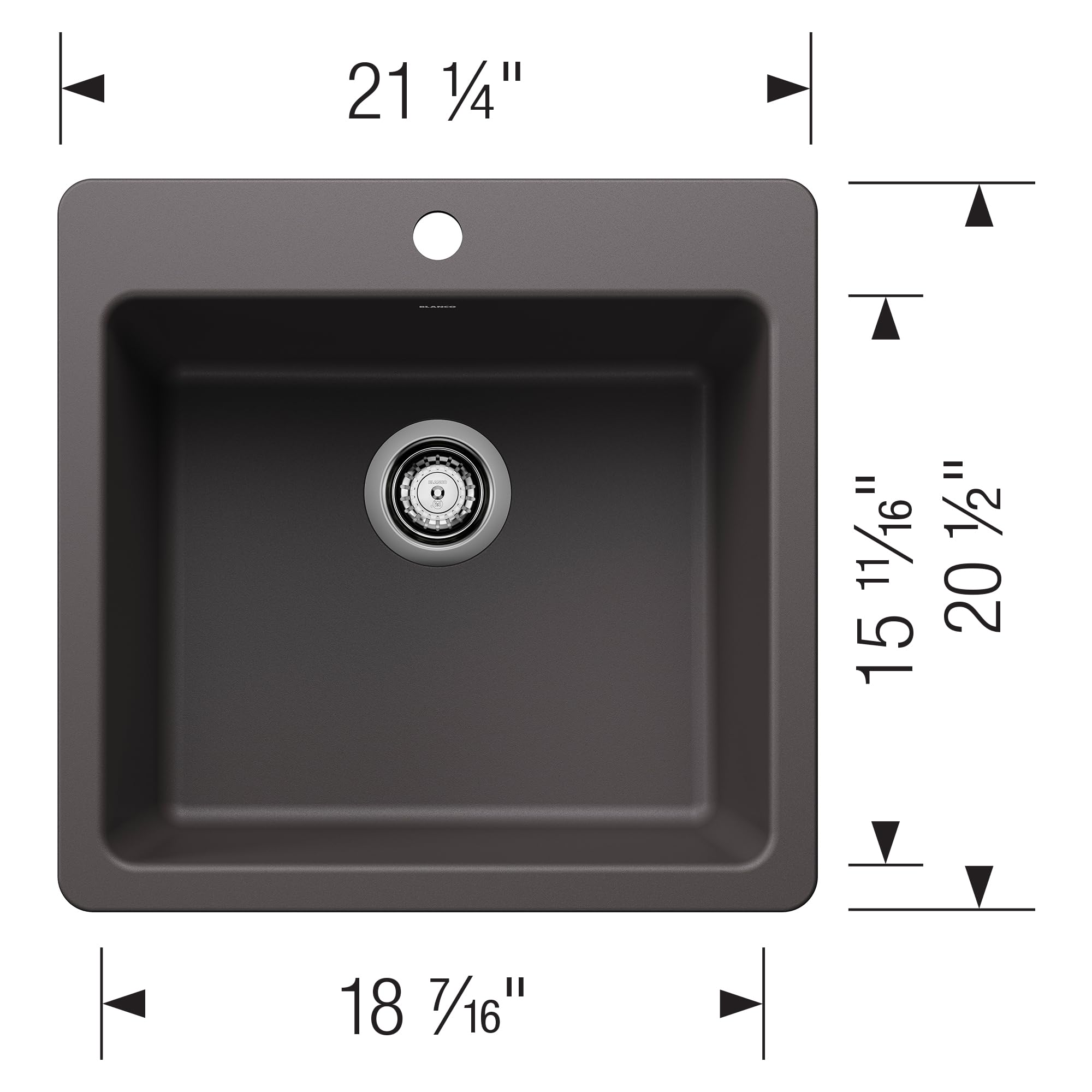 Cinder-colored single bowl sink with rounded corners, drain, and faucet hole; 21 1/4" width x 20 1/2" depth.