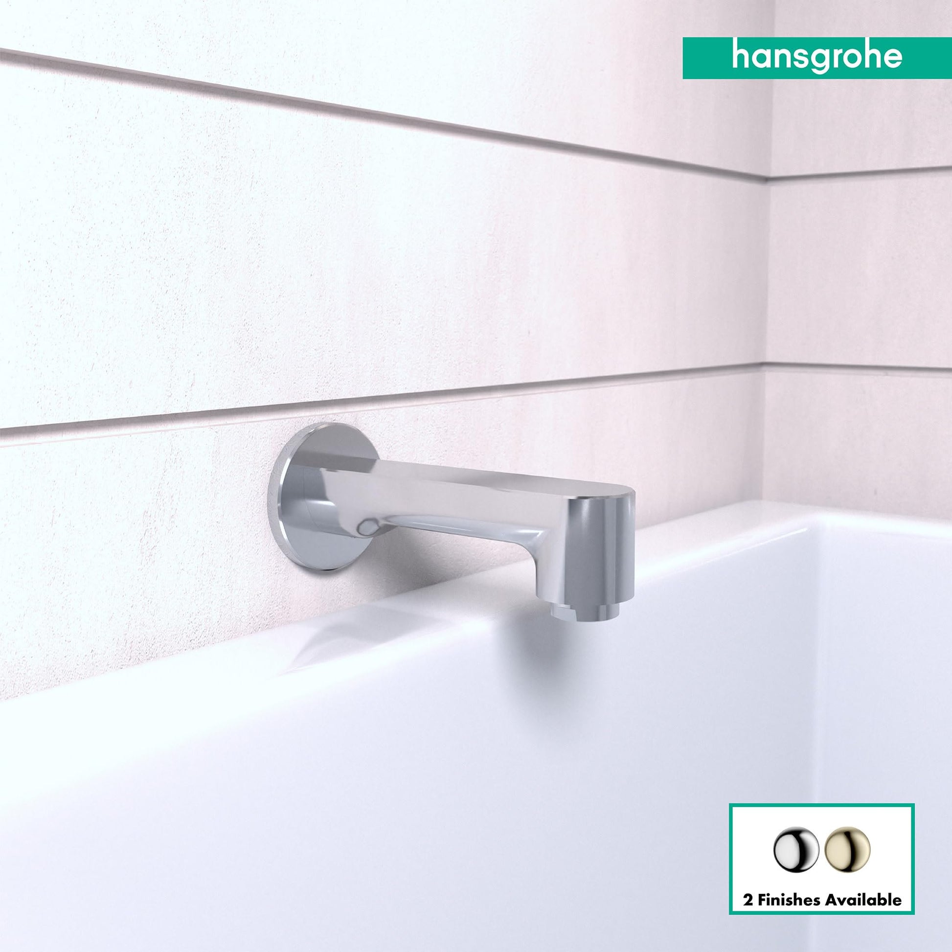 Chrome tub spout with cylindrical handle mounted on white bathtub rim against tile wall.