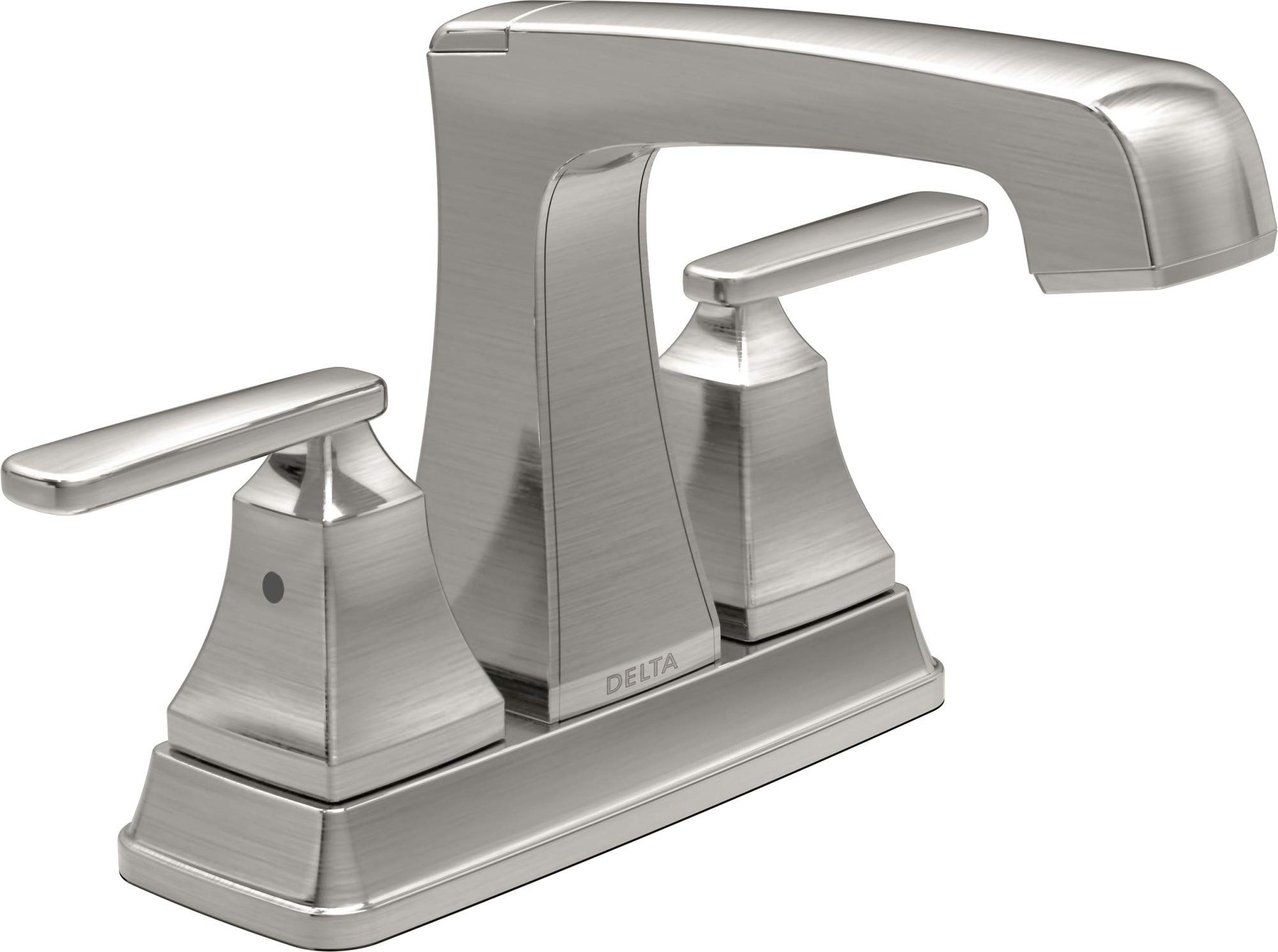 Brushed nickel two-handle bathroom faucet with curved spout and lever handles on rectangular base.