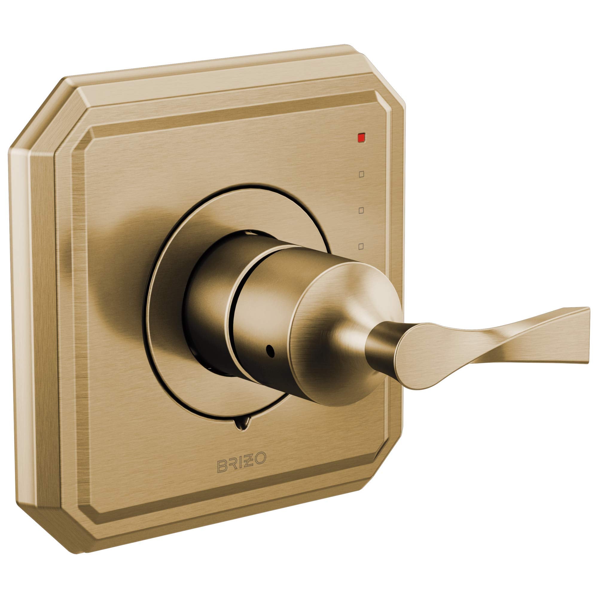 Champagne bronze pressure balance valve trim with lever handle and square escutcheon plate.