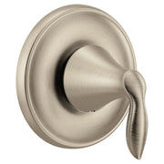 Brushed nickel single-handle transfer valve trim with circular escutcheon plate and lever handle.
