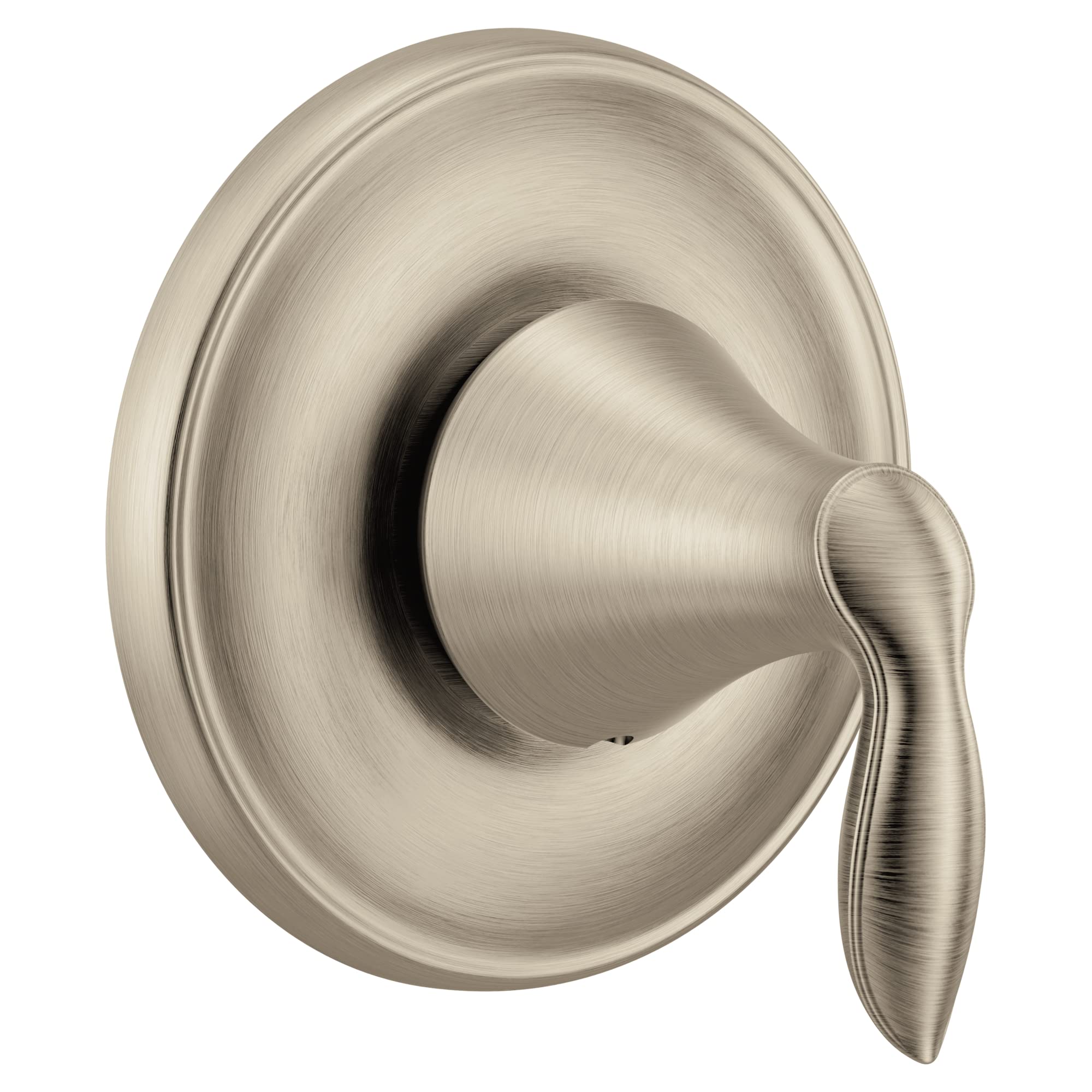 Brushed nickel single-handle transfer valve trim with circular escutcheon plate and lever handle.