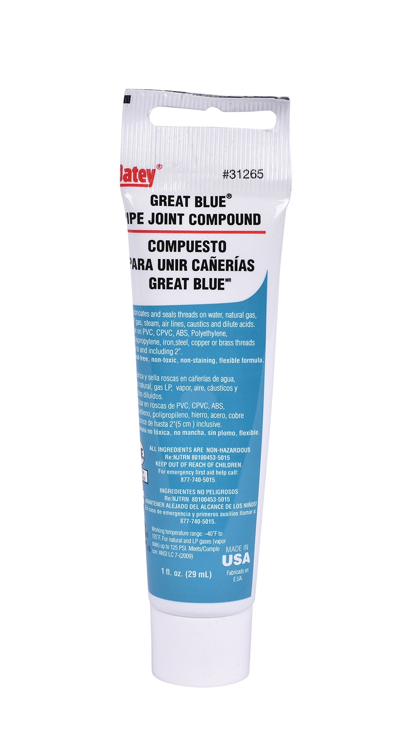 Blue tube of Oatey Great Blue Pipe Joint Compound with white cap and bilingual labeling, 1 fl. oz size.
