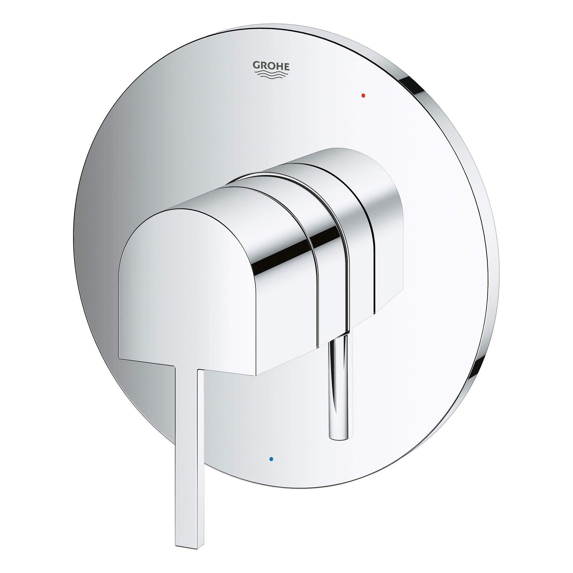 Chrome pressure balance valve trim with round escutcheon plate, lever handle, and cartridge visible in center.