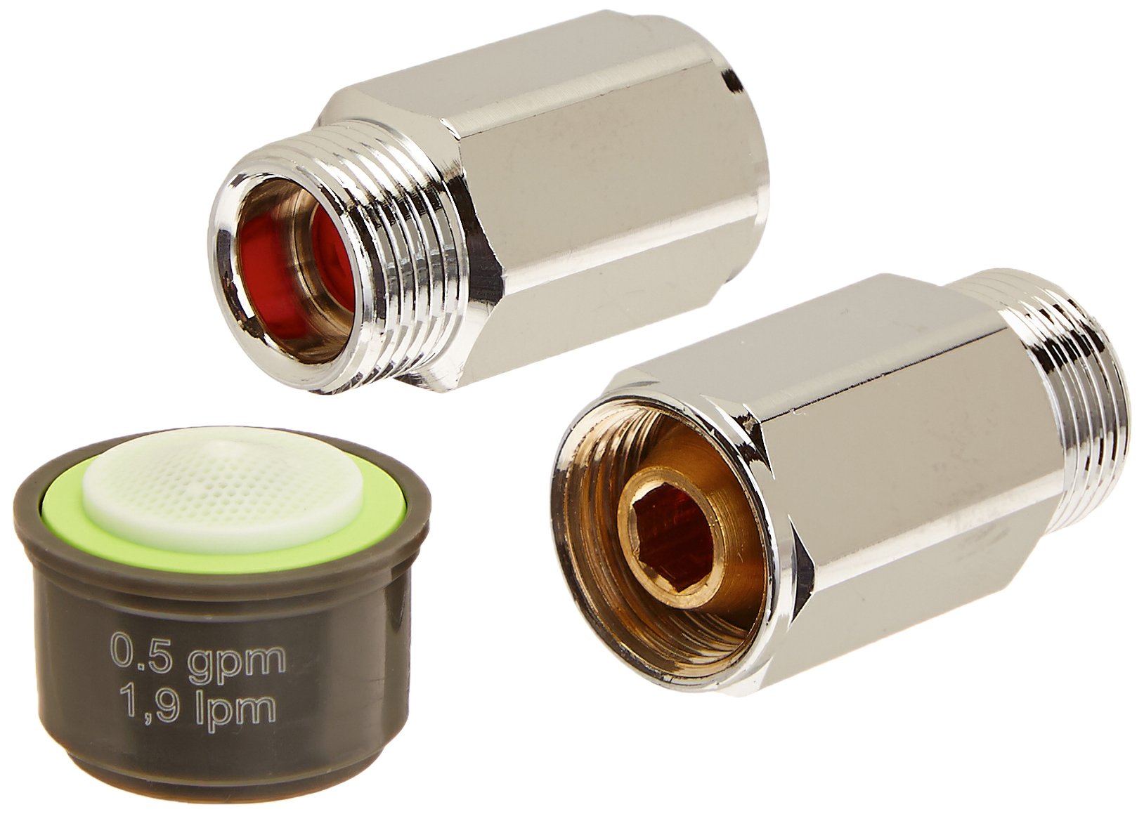 Grohe chrome watersaving aerator kit with 0.5 GPM flow restrictor and two threaded adapter components.