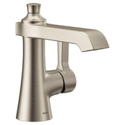 Brushed nickel single-handle bathroom faucet with curved spout and cylindrical body.