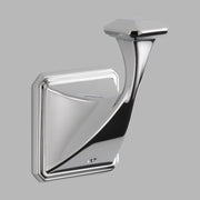 Chrome robe hook with angular geometric design and square wall mount plate.
