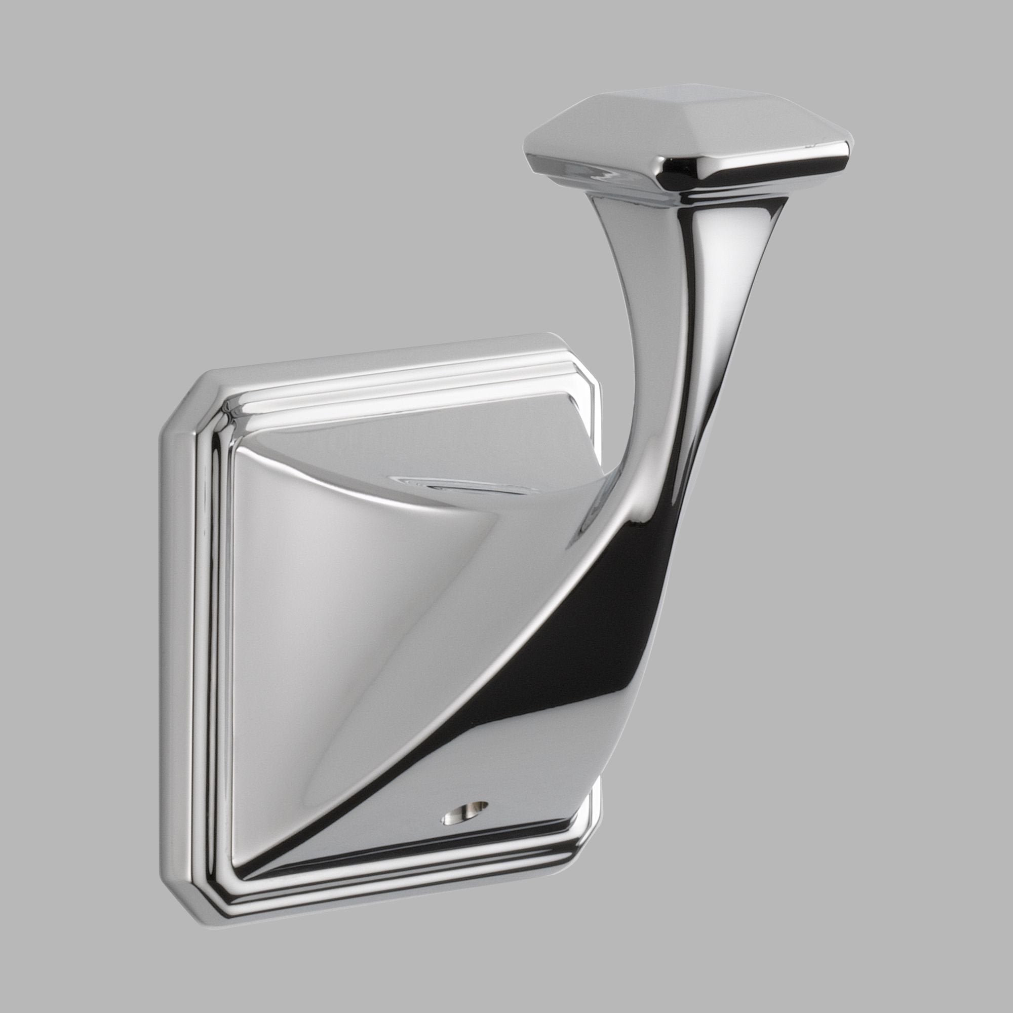 Chrome robe hook with angular geometric design and square wall mount plate.