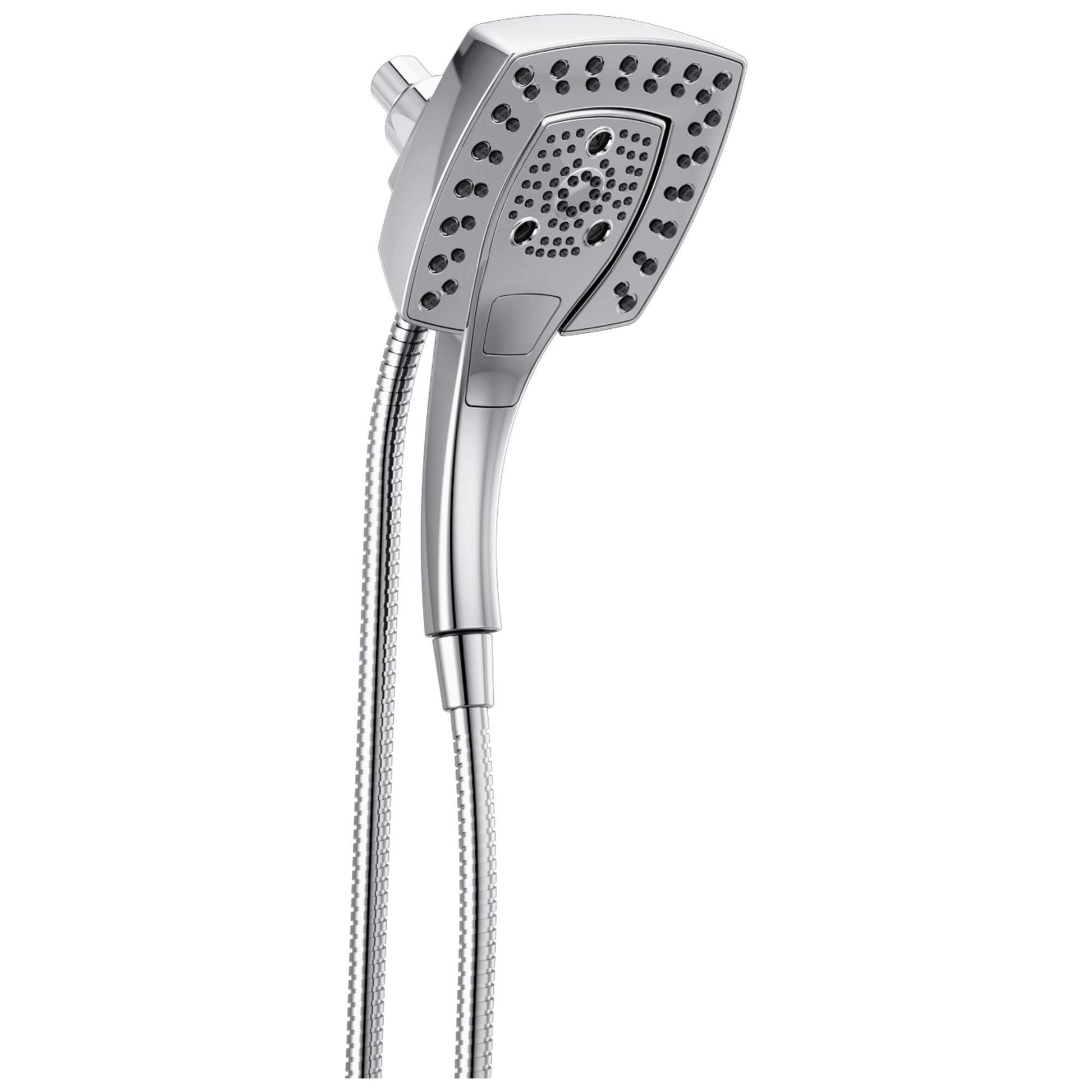 Chrome handheld shower head with multiple spray holes and flexible hose attached.
