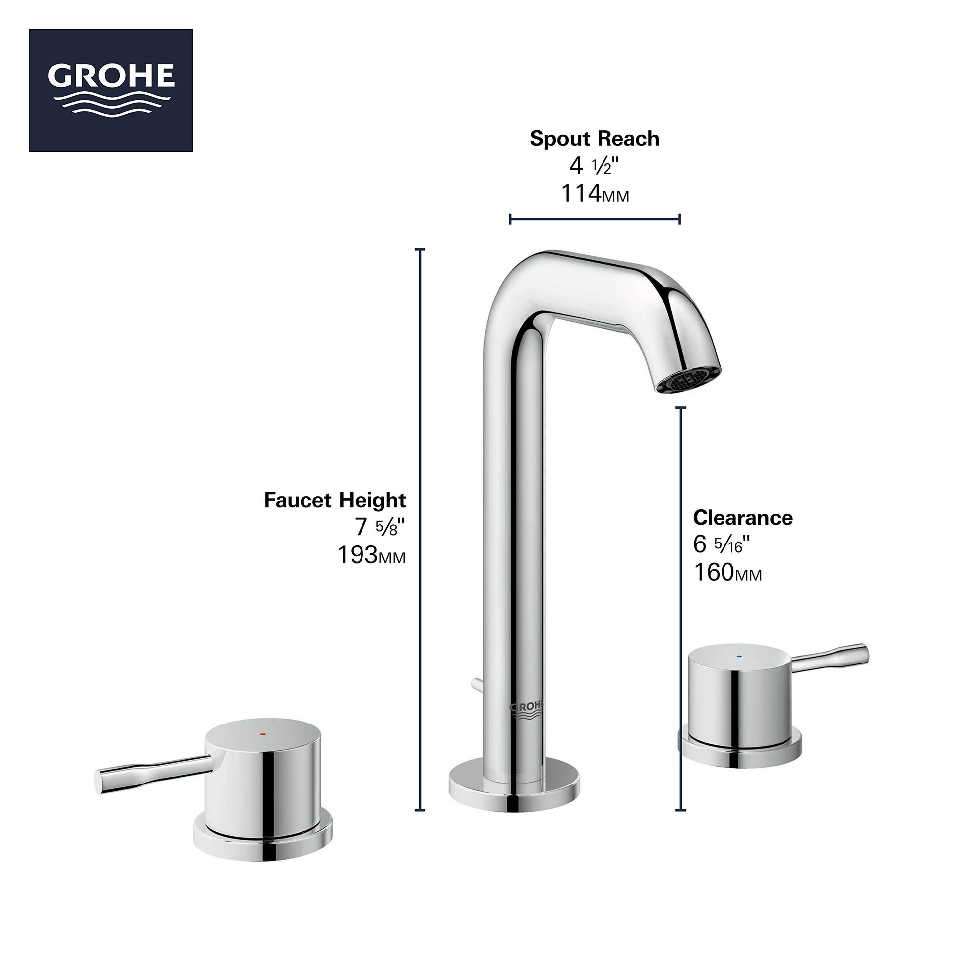 Chrome widespread bathroom faucet with curved spout and two cylindrical handles, dimension measurements labeled.