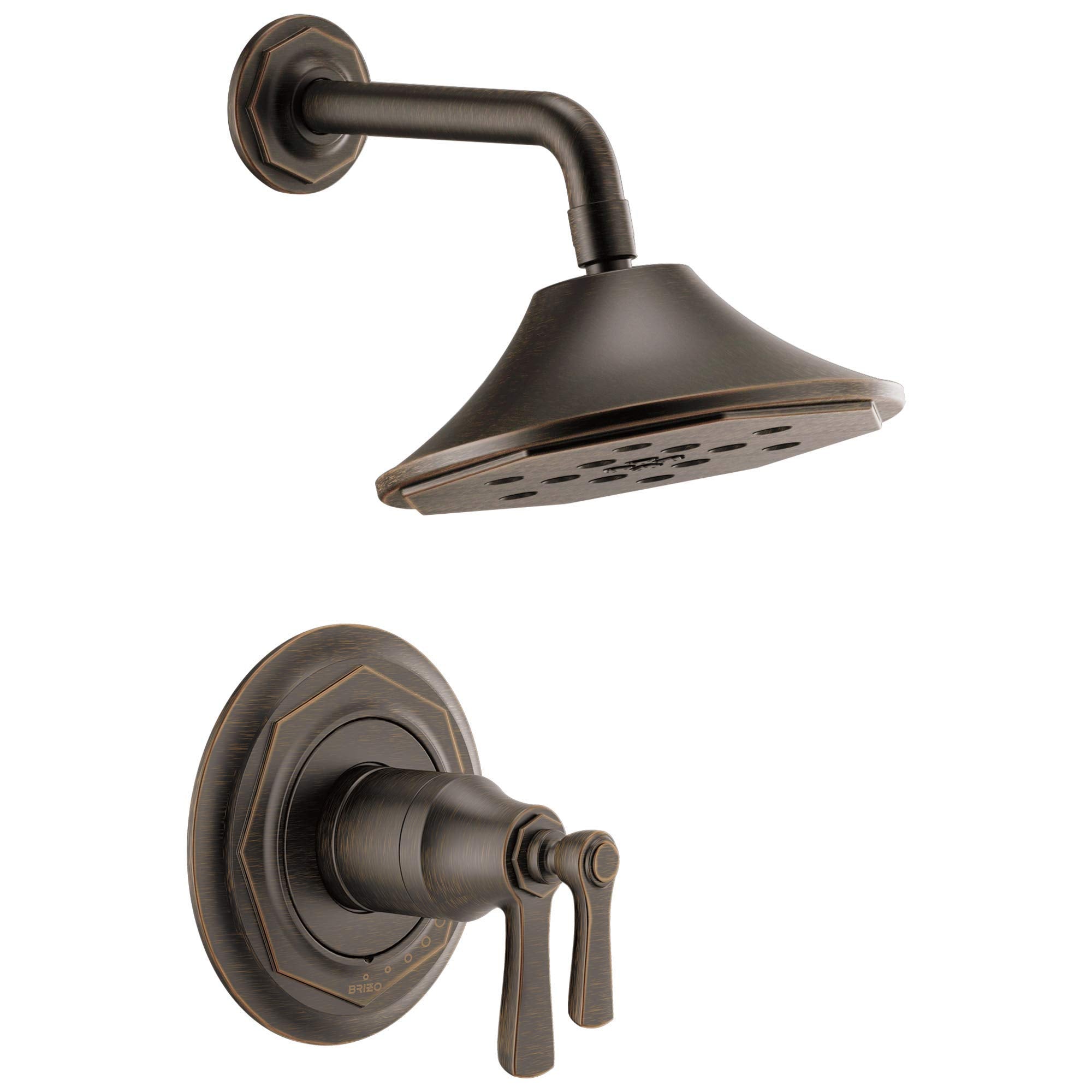 Oil-rubbed bronze thermostatic shower valve with conical showerhead and curved arm, dual lever handles.