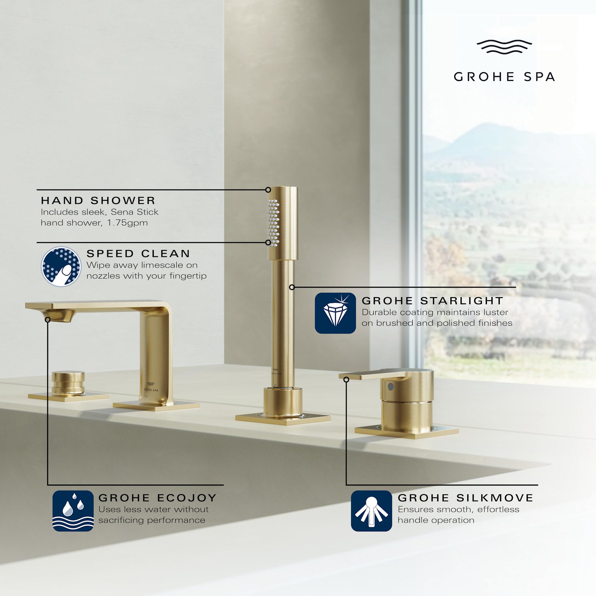 Grohe Allure brushed nickel 4-hole roman tub faucet with single handle, deck mount spout, and hand shower on white bathroom c