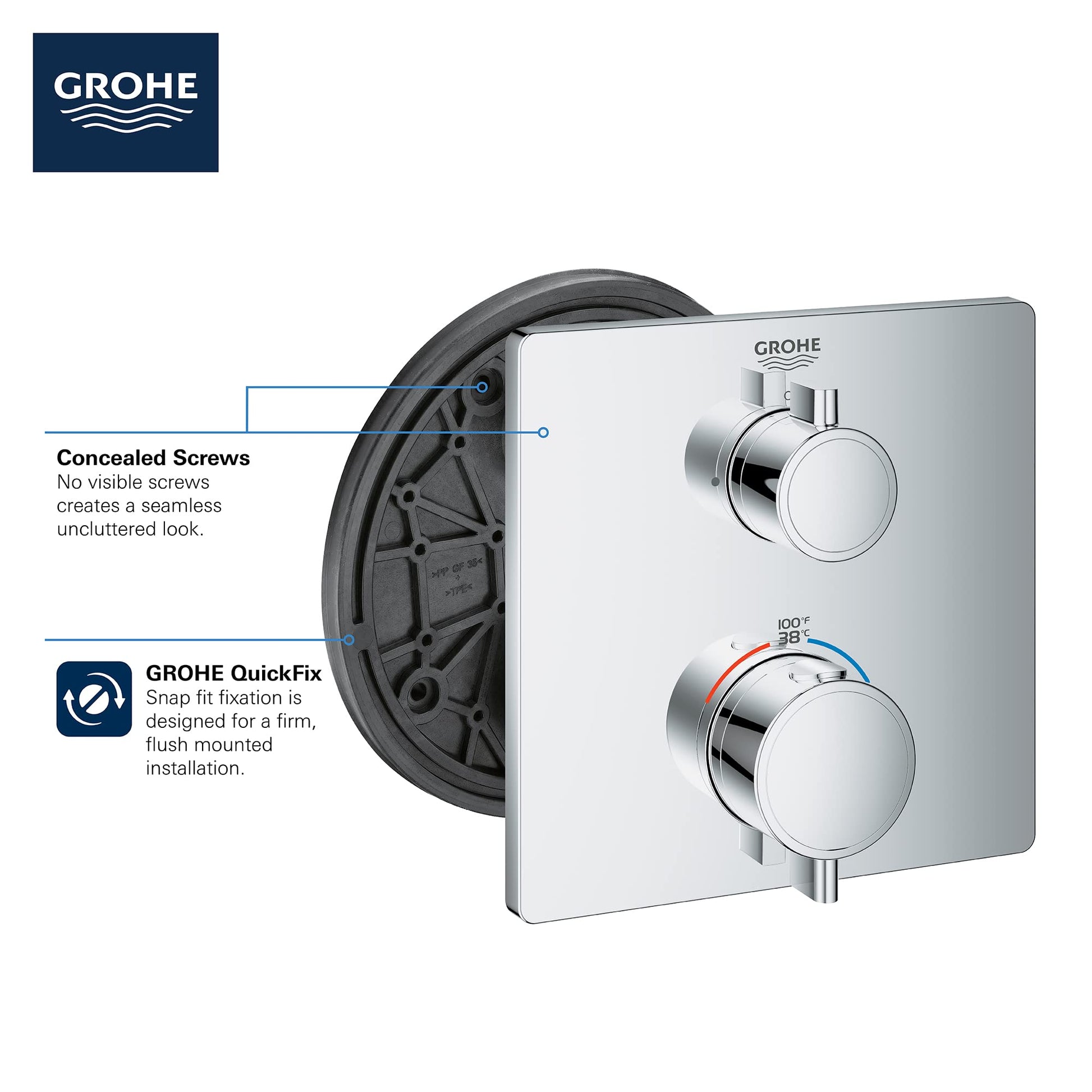 Grohe thermostatic valve trim with square plate, two round chrome handles, and concealed mounting hardware in hard graphite f