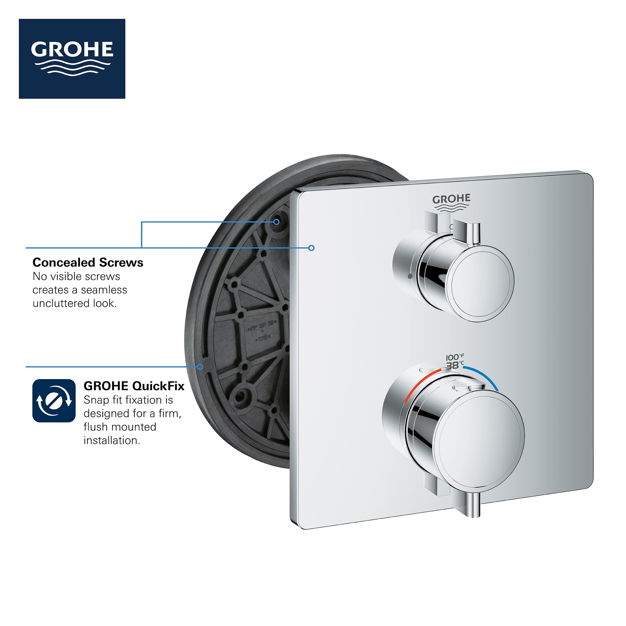 Grohe thermostatic valve trim with square plate, two round chrome handles, and concealed mounting hardware in hard graphite f