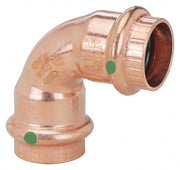 Copper 90-degree press elbow fitting with two green indicator dots and ribbed connection ends.