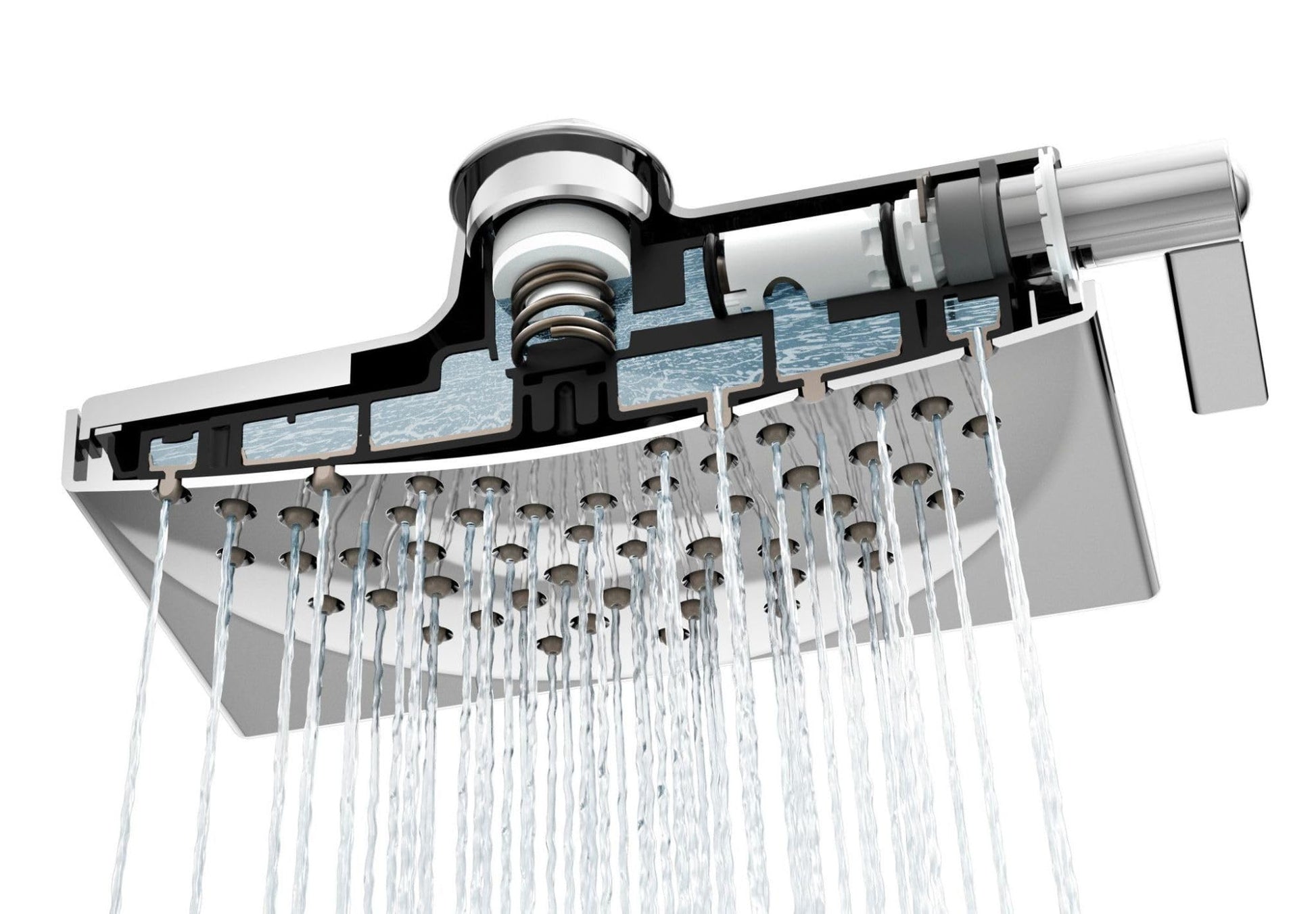 Chrome rainshower showerhead with square face, multiple spray nozzles, and adjustable arm connector shown from underneath wit