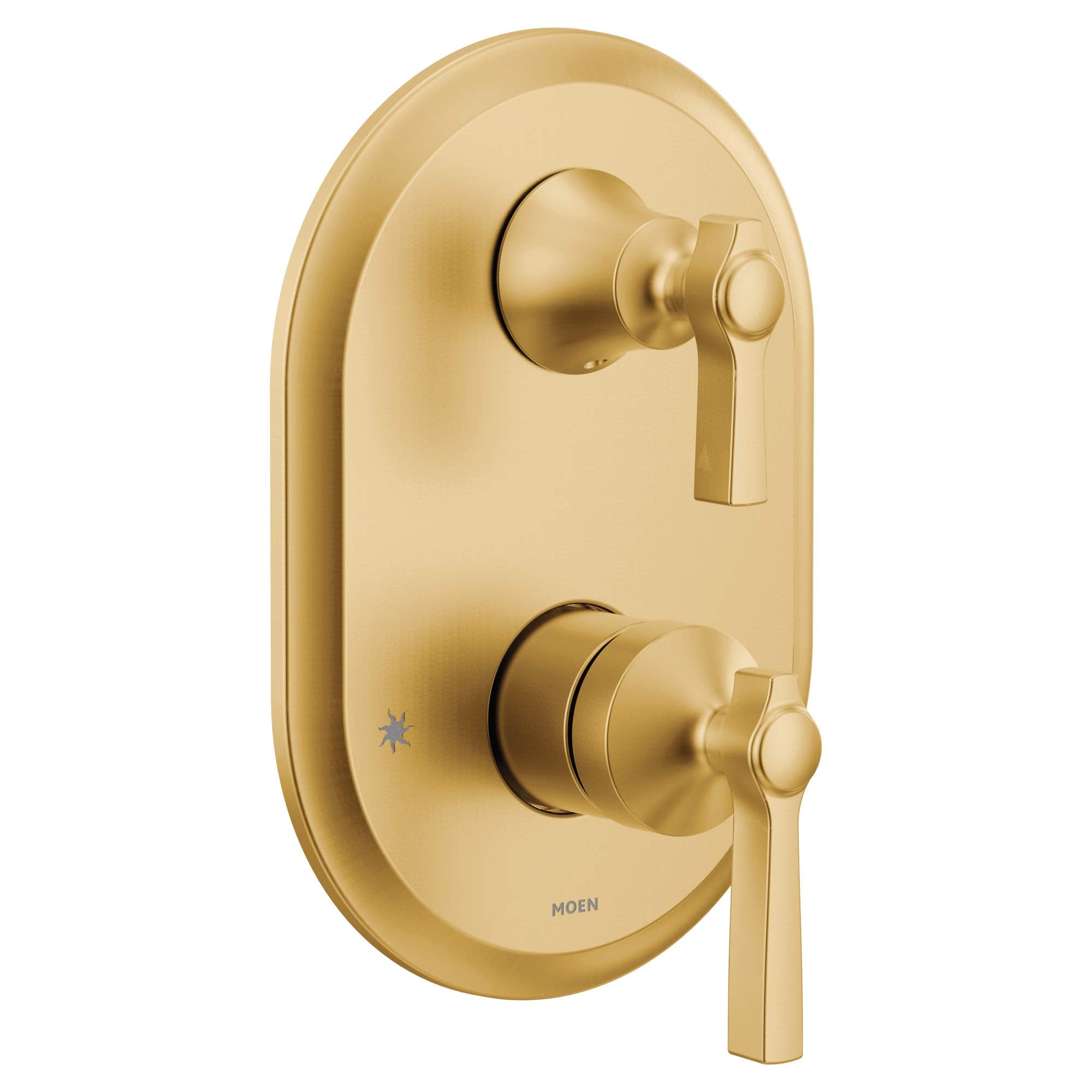Brushed gold shower trim with two lever handles and rounded oval escutcheon plate.