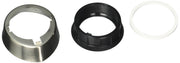 Stainless steel trim ring, black plastic base, and clear rubber gasket for Delta faucet.