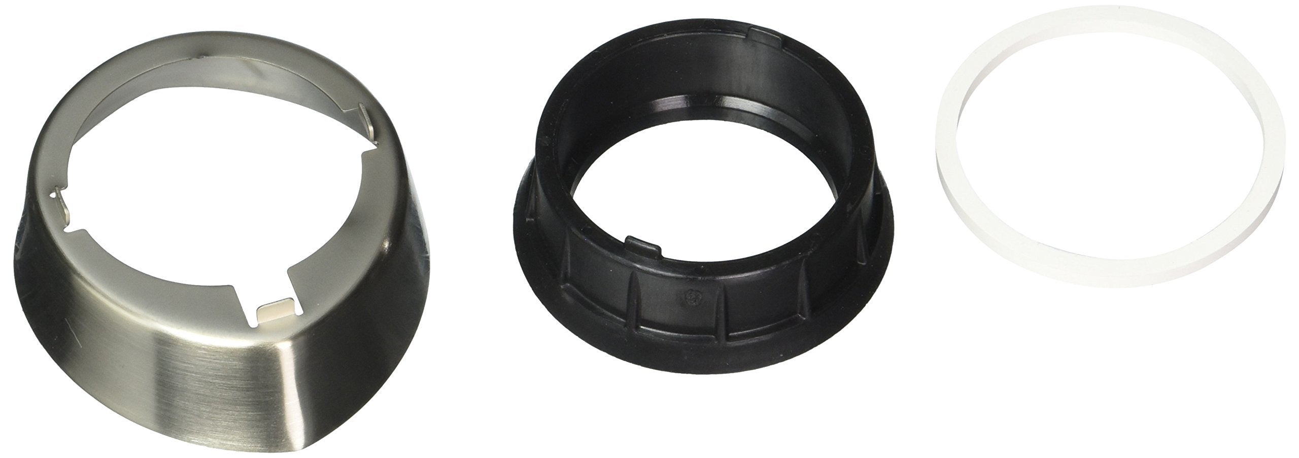 Stainless steel trim ring, black plastic base, and clear rubber gasket for Delta faucet.