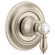 Brushed nickel single-handle shower valve trim with circular escutcheon plate and lever handle with white accent ring.