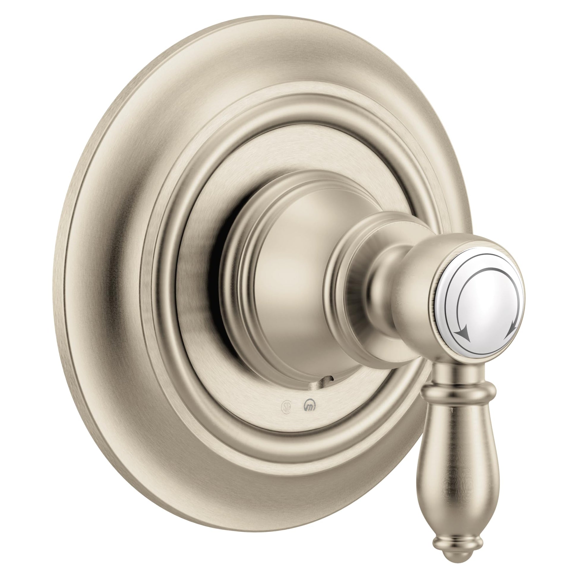 Brushed nickel single-handle shower valve trim with circular escutcheon plate and lever handle with white accent ring.