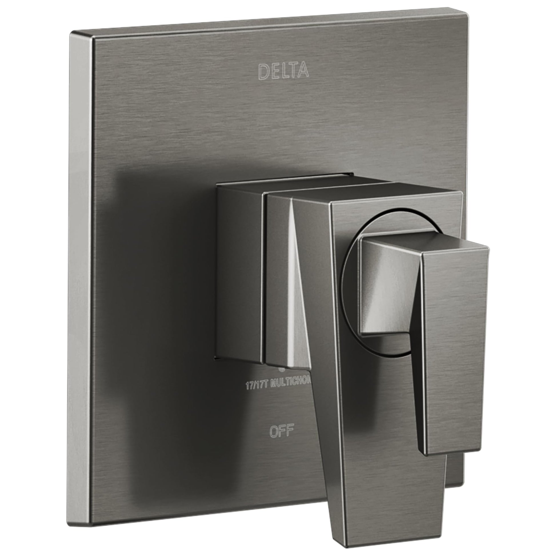 Delta Trillian 17 Series brushed nickel valve trim with square handles and diverter control.