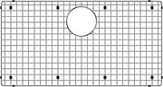 Stainless steel sink grid with small square pattern and circular drain opening, featuring corner mounting points.