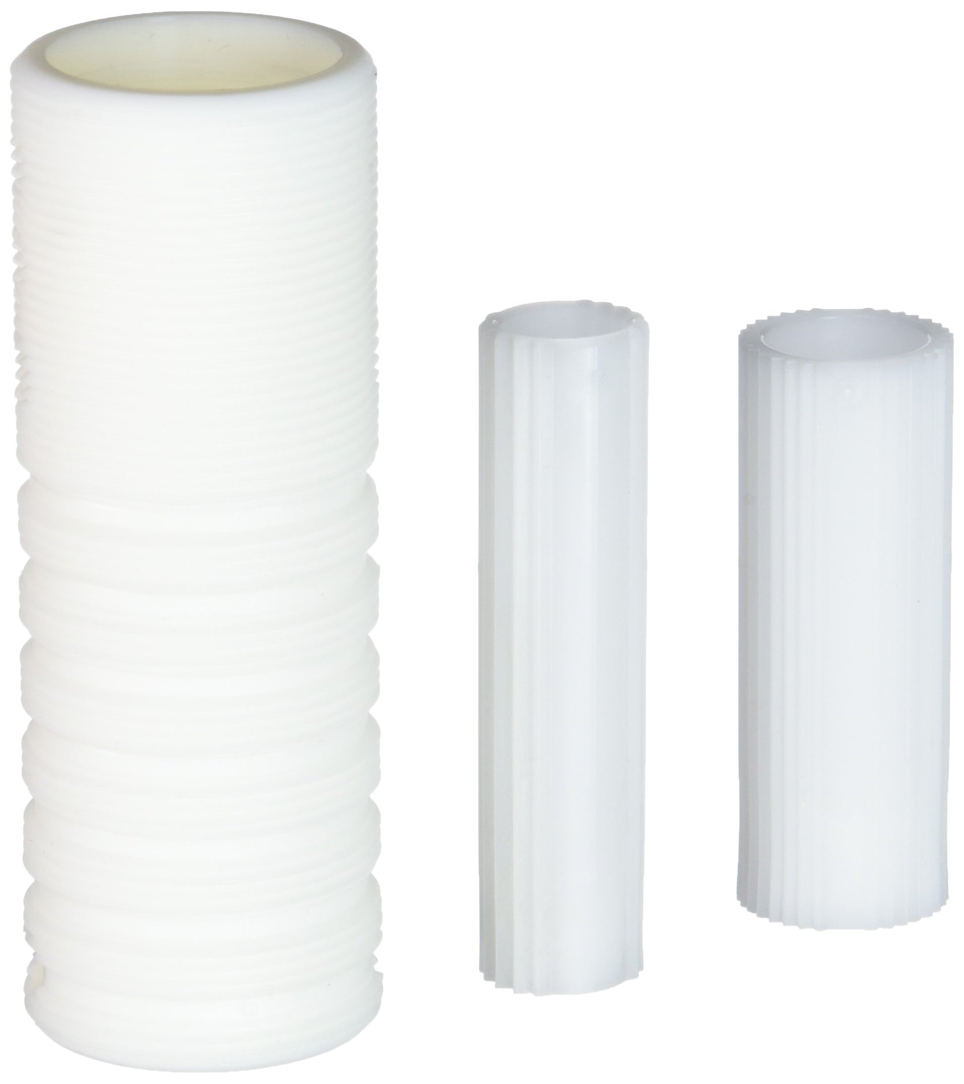 White plastic cylindrical extension tube with ribbed texture and cream-colored top ring, shown with two smaller comparison pi