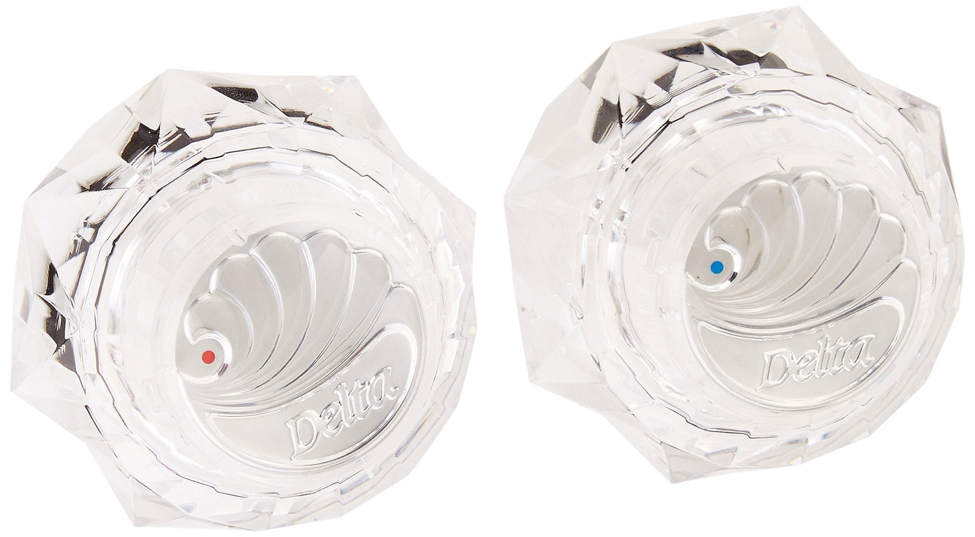 Two clear Delta H41 knob handles with colored indicator dots, shown from front and back views.
