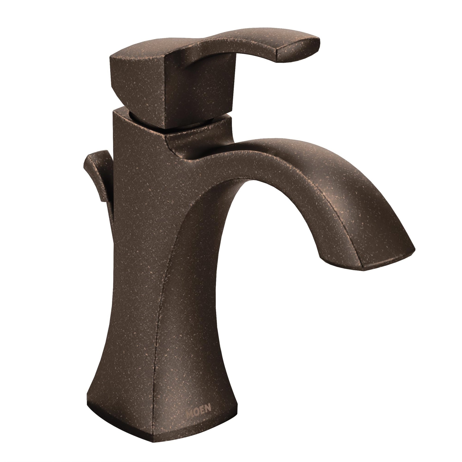Bronze single-handle bathroom faucet with high arc spout and square body design.